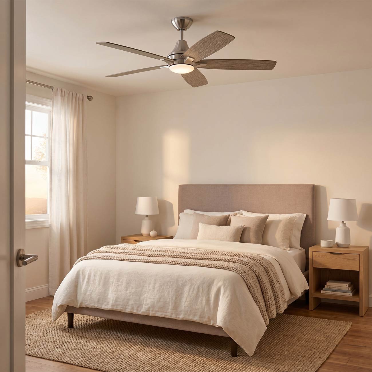Lowden Indoor / Outdoor LED Ceiling Fan in bedroom.