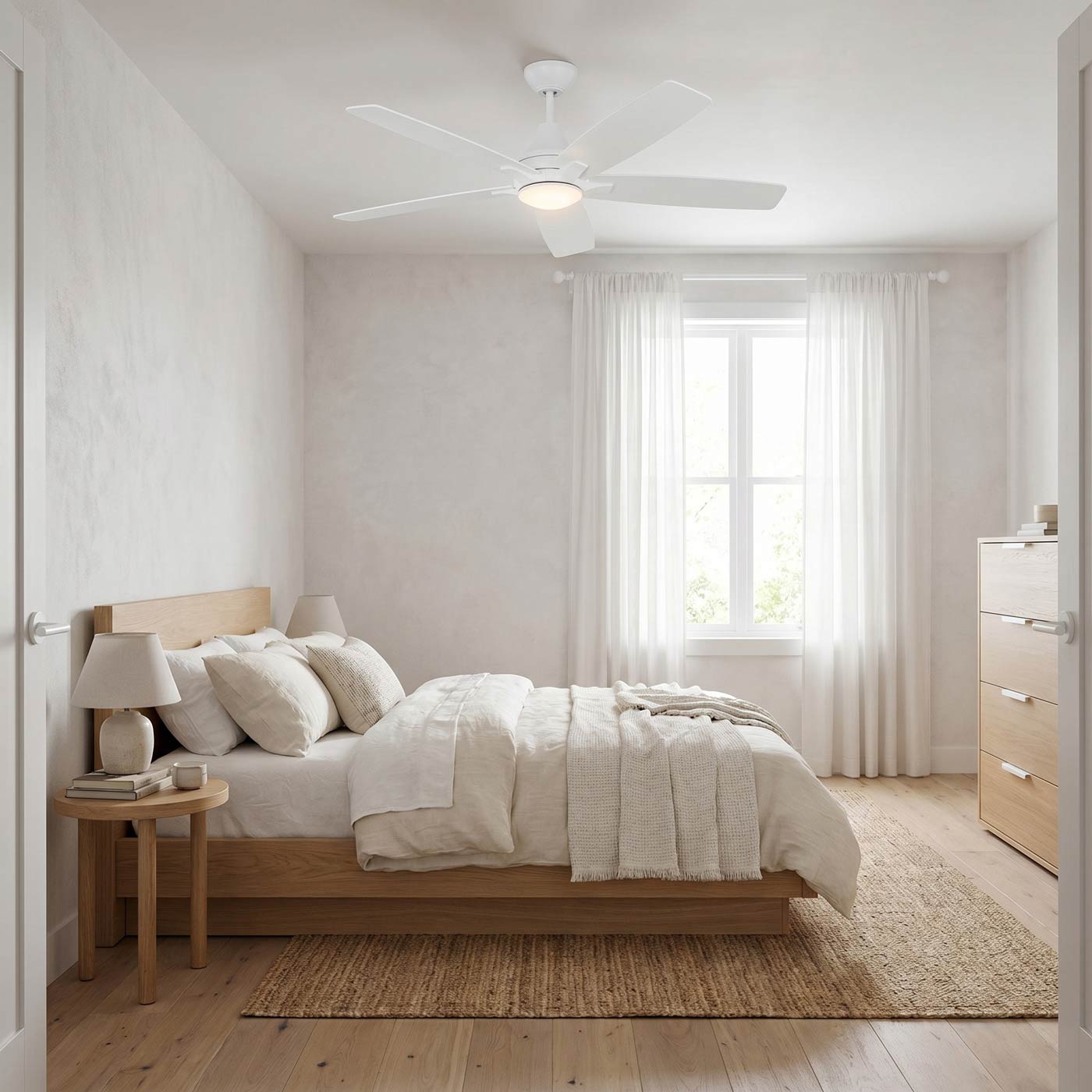 Lowden Indoor / Outdoor LED Ceiling Fan in bedroom.