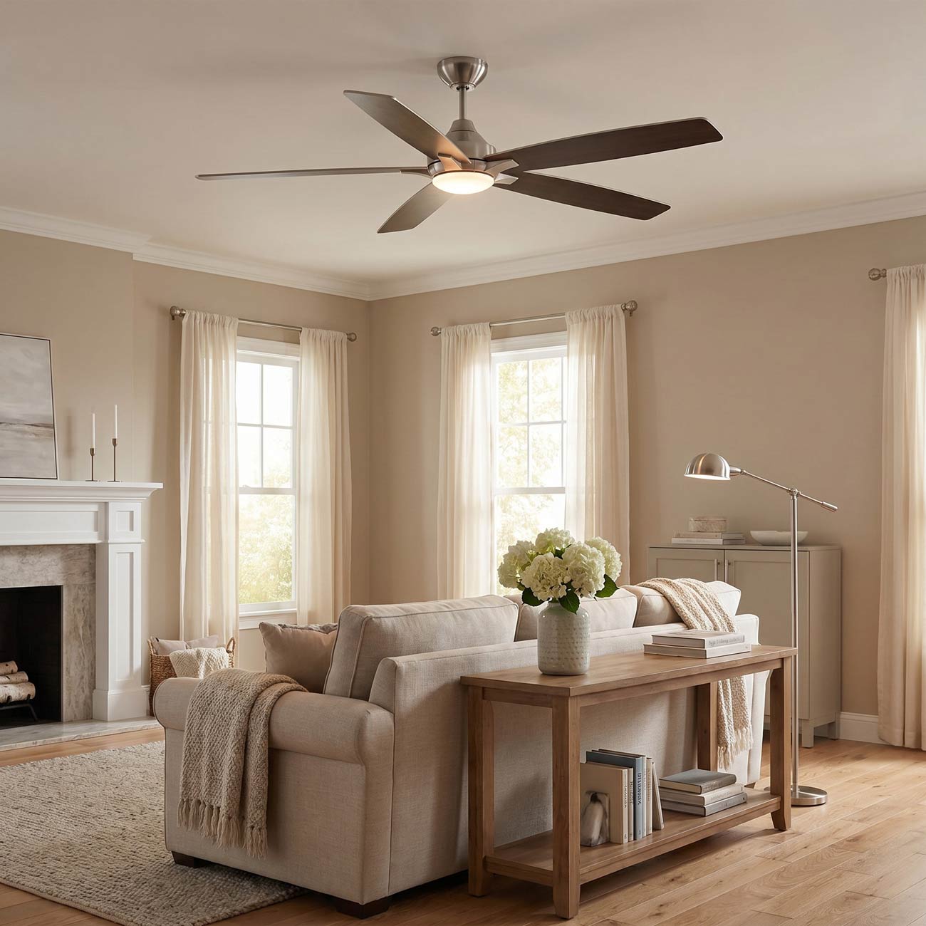 Lowden Indoor / Outdoor LED Ceiling Fan in living room.