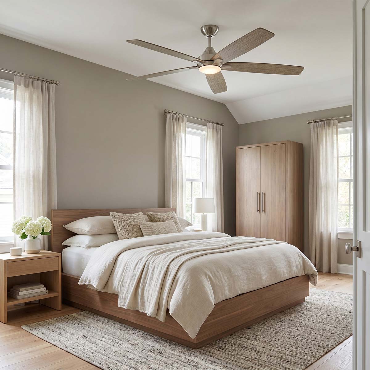 Lowden Indoor / Outdoor LED Ceiling Fan in bedroom.