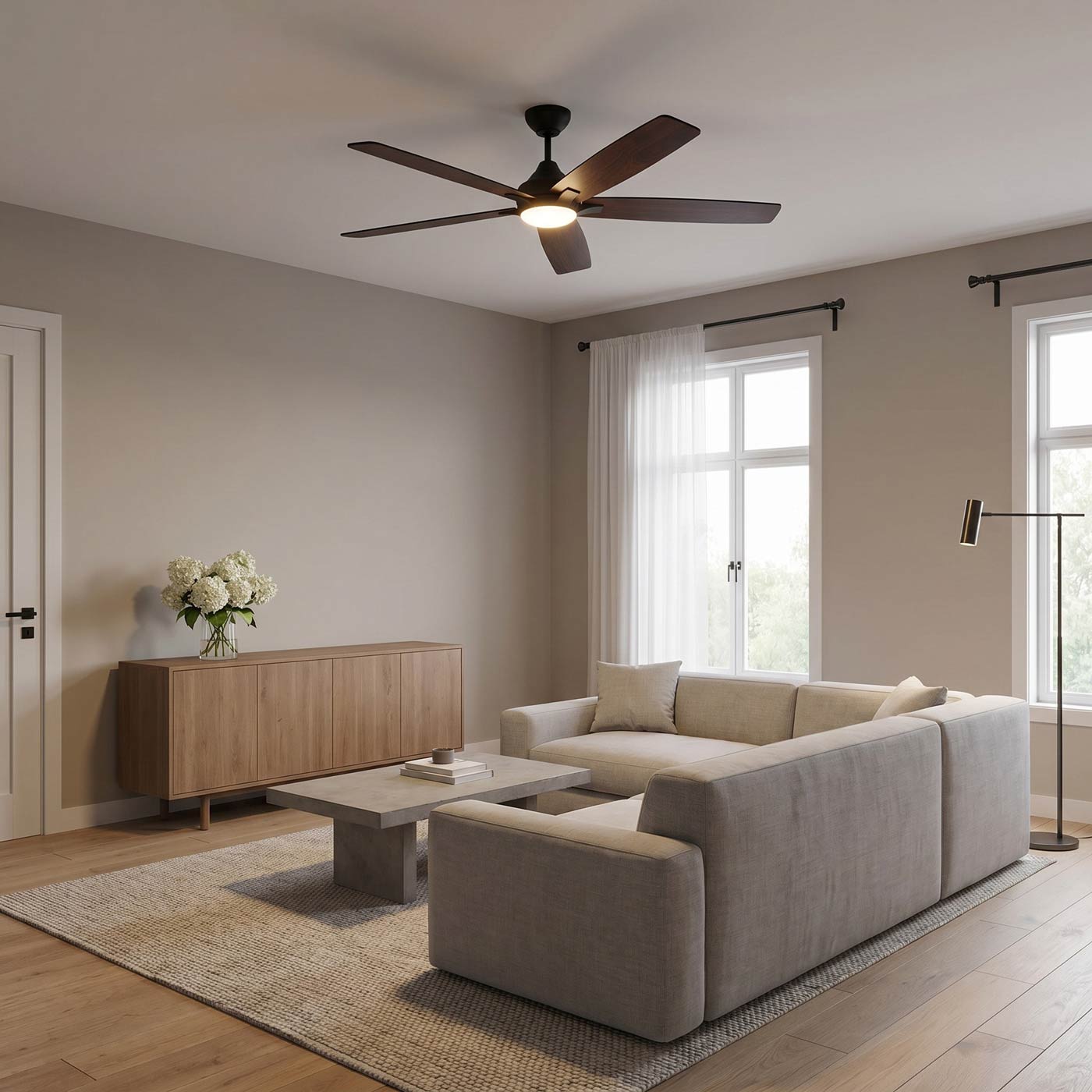 Lowden Indoor / Outdoor LED Ceiling Fan in living room.