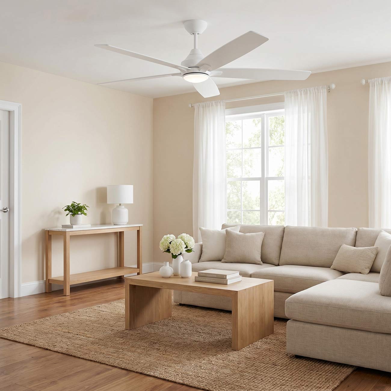 Lowden Indoor / Outdoor LED Ceiling Fan in living room.