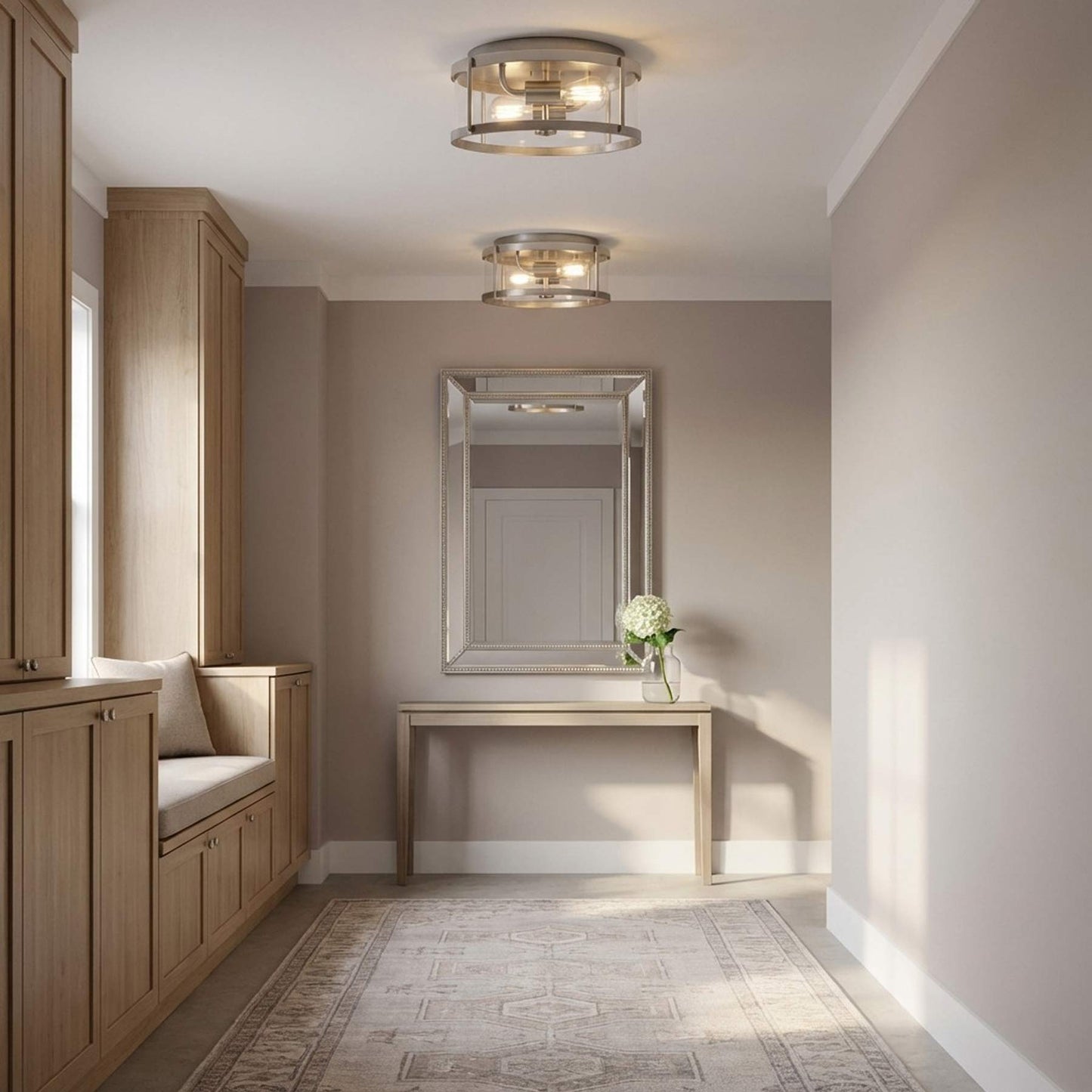 Lumra Flush Mount Ceiling Light in changing room.