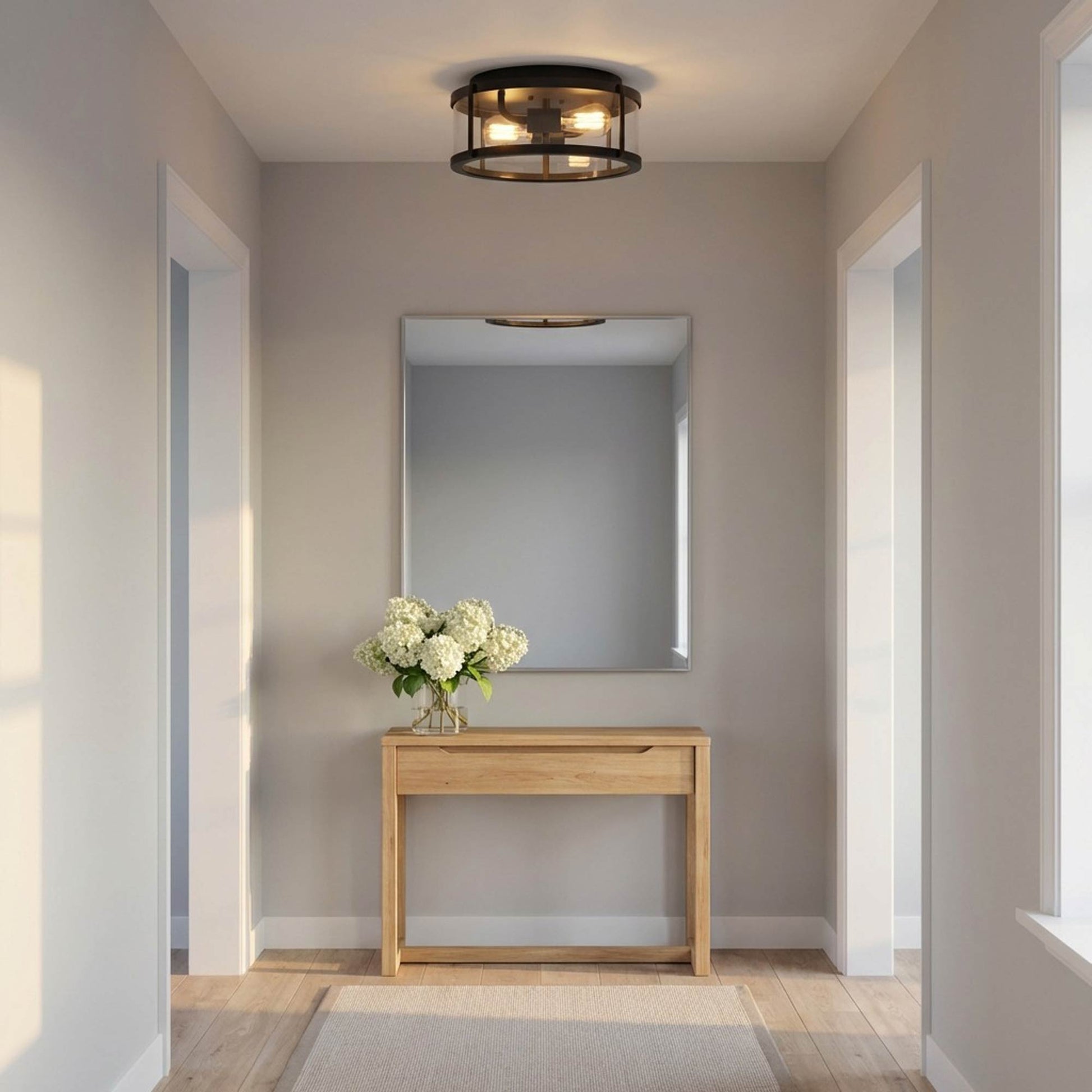 Lumra Flush Mount Ceiling Light in changing room.