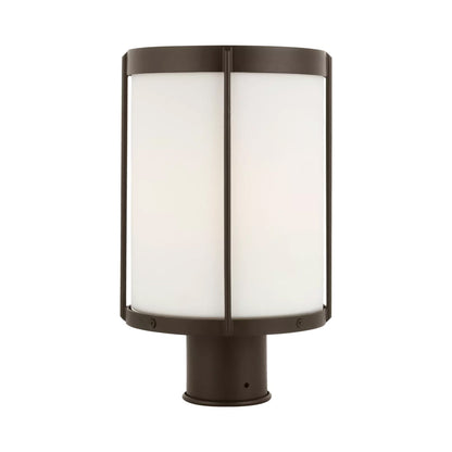 Luning Outdoor Post Light in Antique Bronze/Etched White Glass.