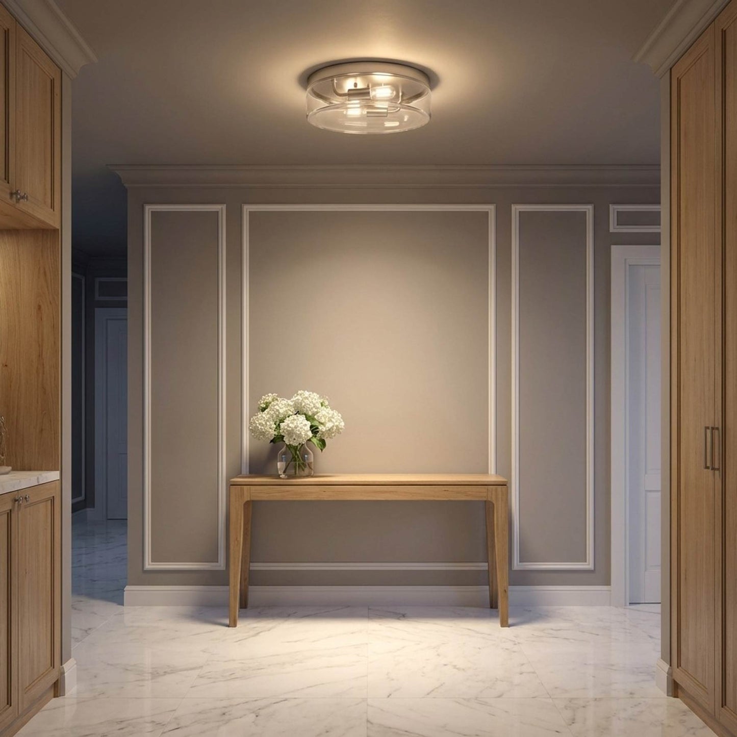 Rhett Flush Mount Ceiling Light in bathroom.