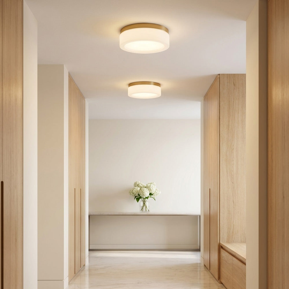 Rhett LED Flush Mount Ceiling Light in hallway.
