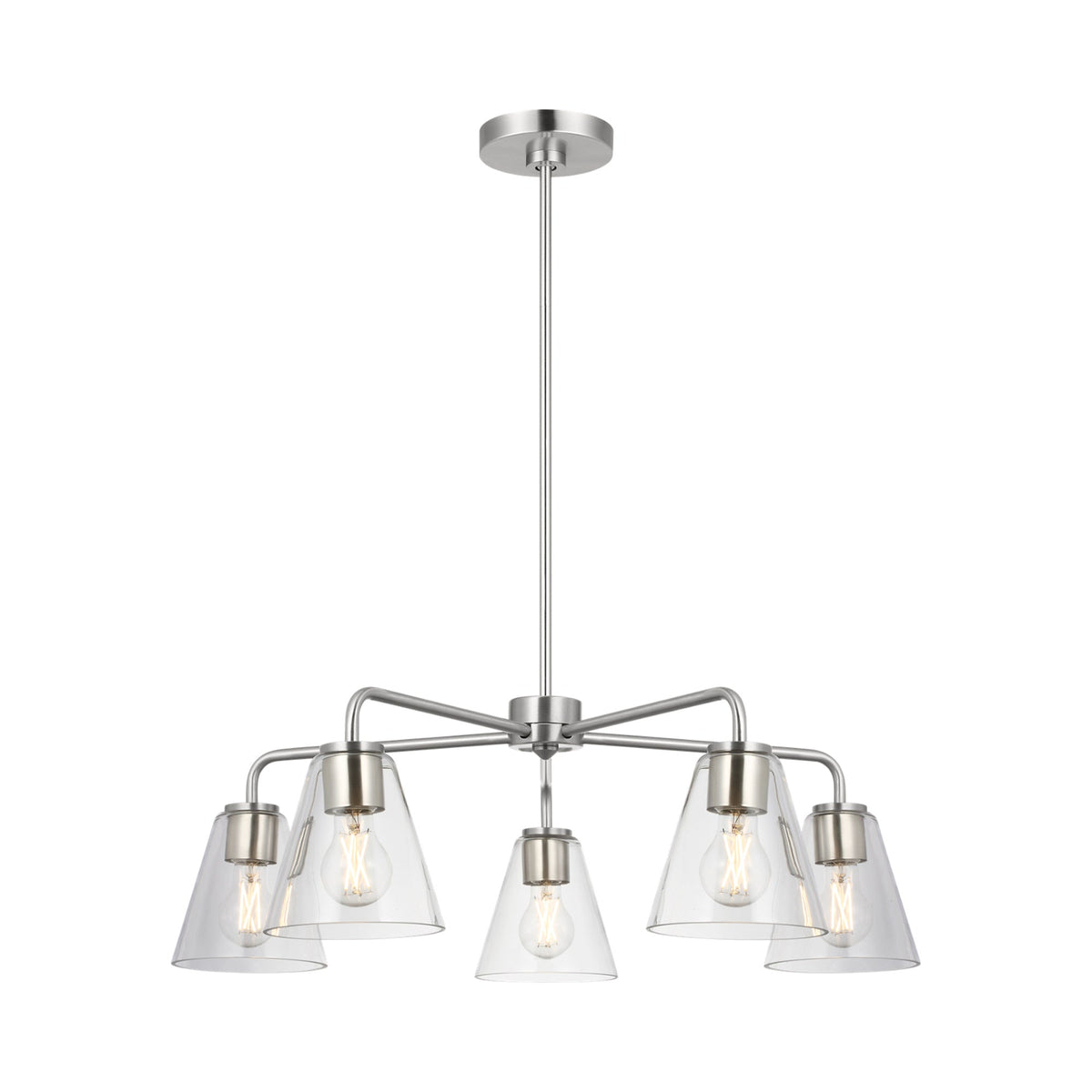 Senda Chandelier in Brushed Nickel/Clear Glass.