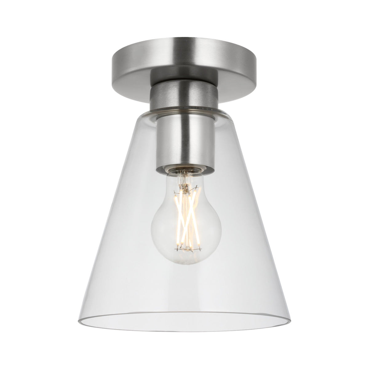 Senda Flush Mount Ceiling Light in Brushed Nickel/Clear Glass.