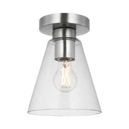 Senda Flush Mount Ceiling Light in Brushed Nickel/Clear Glass.