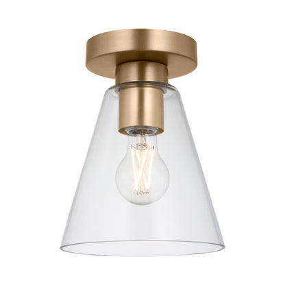Senda Flush Mount Ceiling Light in Satin Brass/Clear Glass.