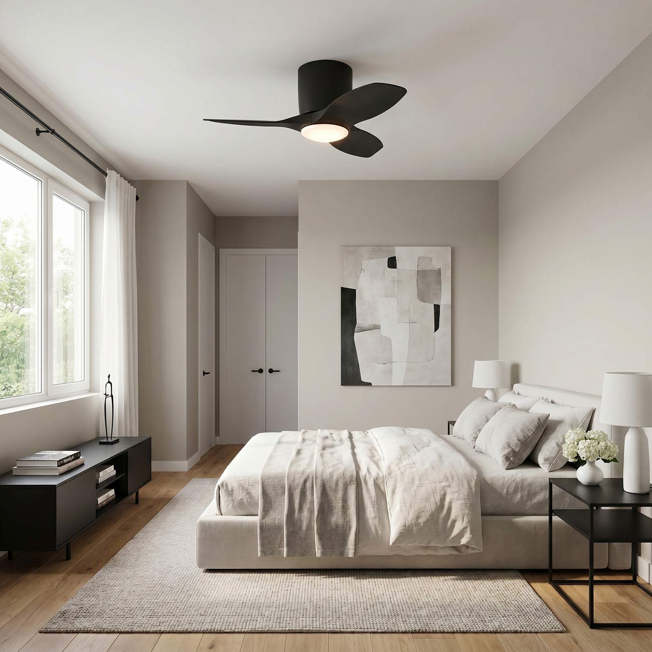 Titus Hugger Outdoor LED Ceiling Fan in bedroom.