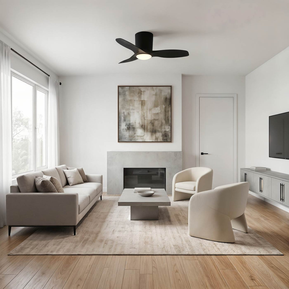 Titus Hugger Outdoor LED Ceiling Fan in living room.