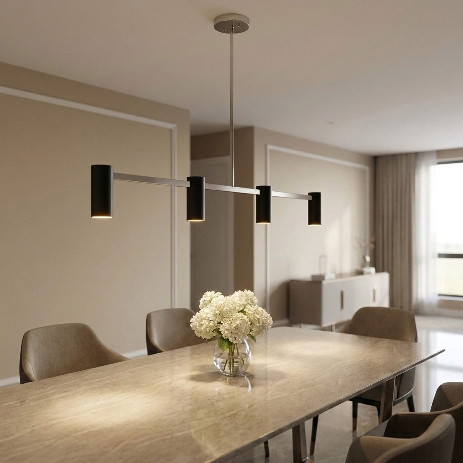 Zentro Linear Chandelier in dining room.