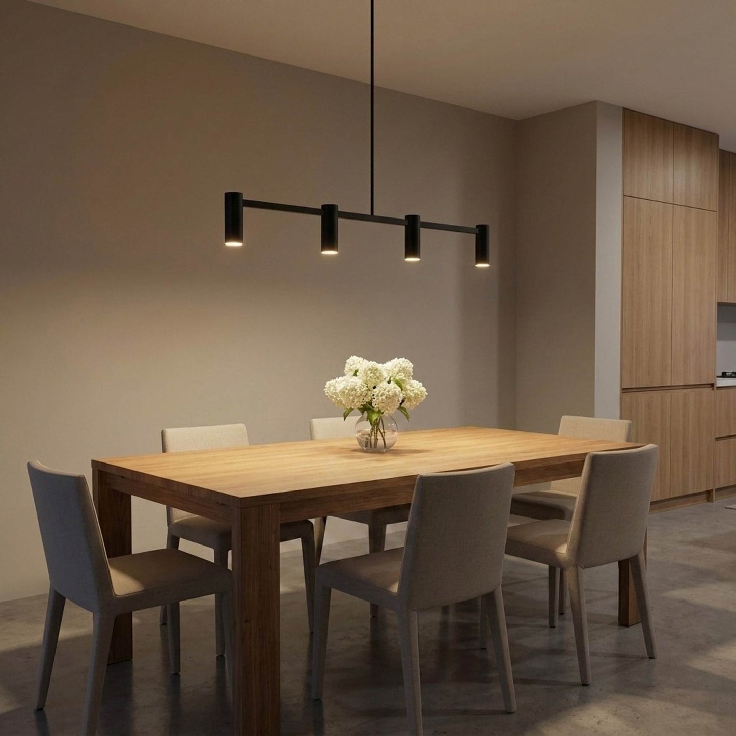 Zentro Linear Chandelier in dining room.