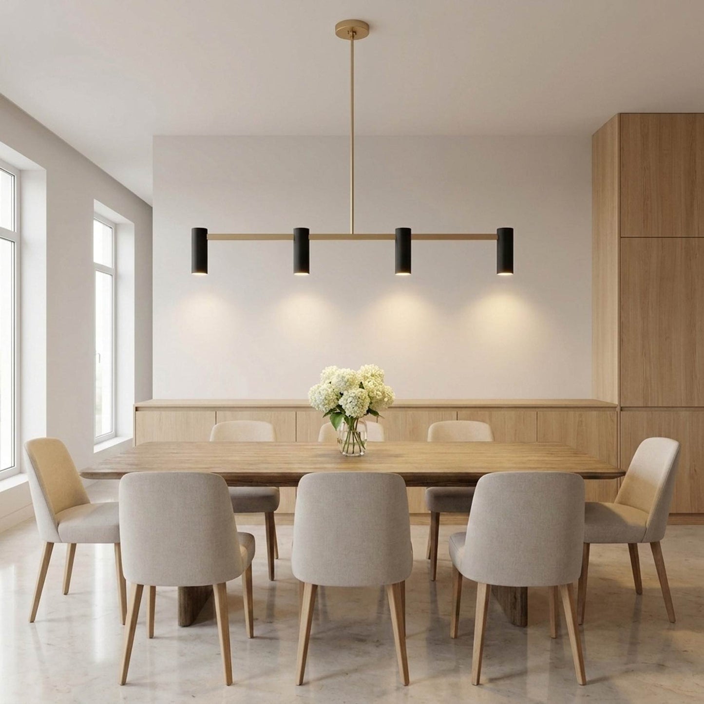 Zentro Linear Chandelier in dining room.