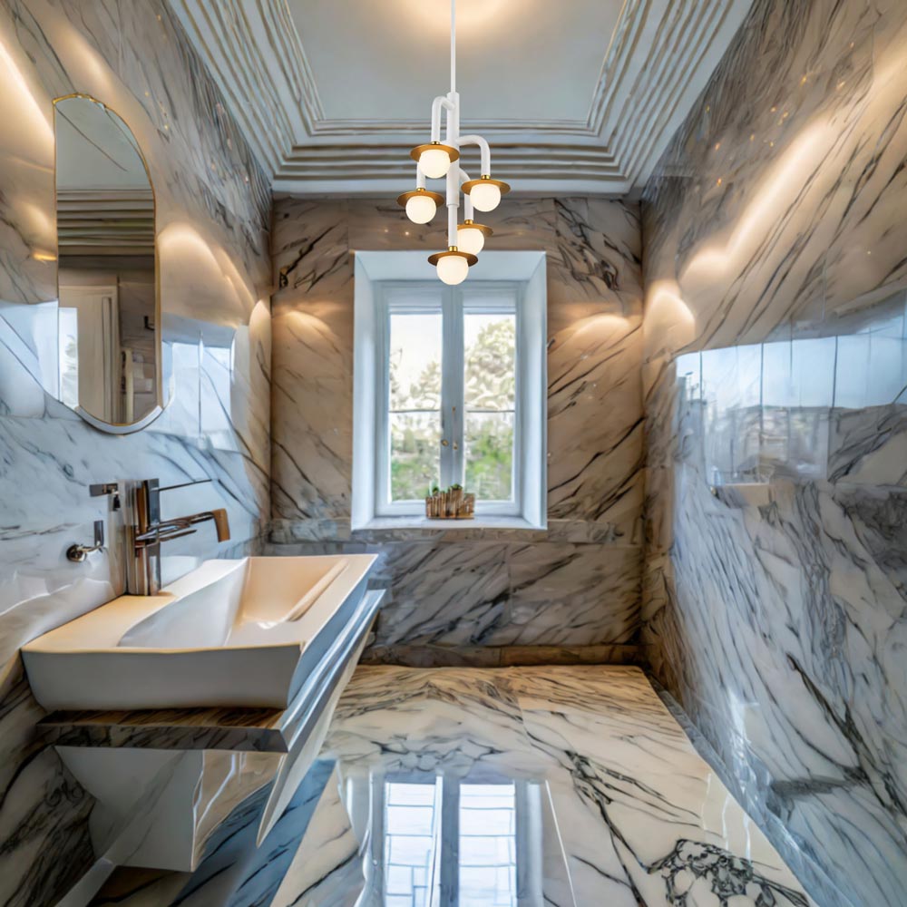 Tubular Chandelier in bathroom.