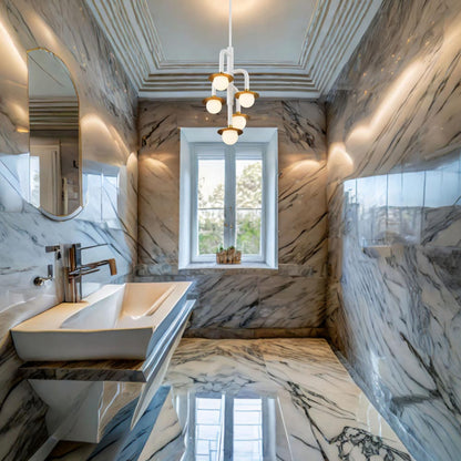 Tubular Chandelier in bathroom.