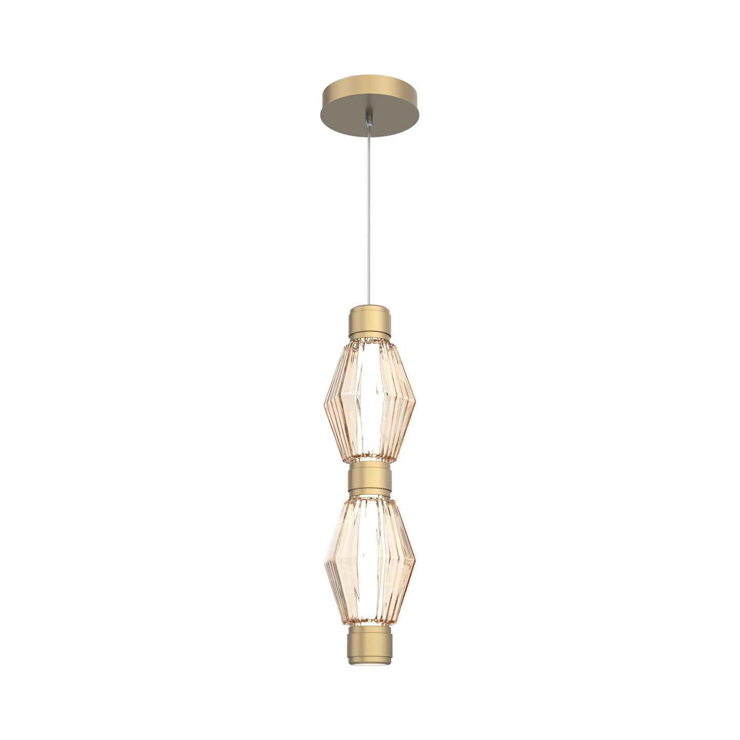 Aalto Mandrel Double LED Pendant Light in Gilded Brass/Amber Blown Glass.