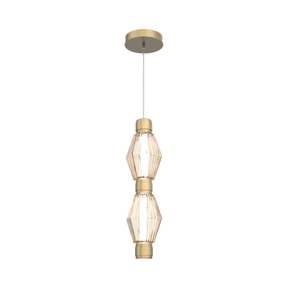 Aalto Mandrel Double LED Pendant Light in Gilded Brass/Amber Blown Glass.