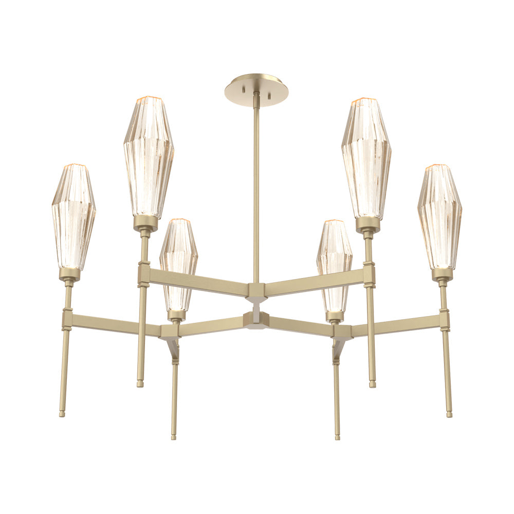 Aalto Round Belvedere LED Chandelier in Gilded Brass/Amber Blown Glass.