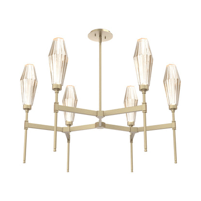 Aalto Round Belvedere LED Chandelier in Gilded Brass/Amber Blown Glass.