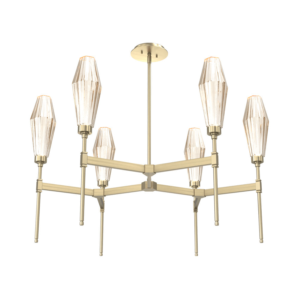 Aalto Round Belvedere LED Chandelier in Heritage Brass/Amber Blown Glass.