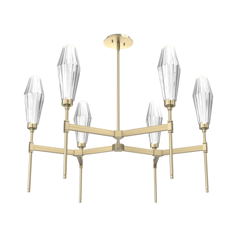 Aalto Round Belvedere LED Chandelier in Heritage Brass/Clear Blown Glass.