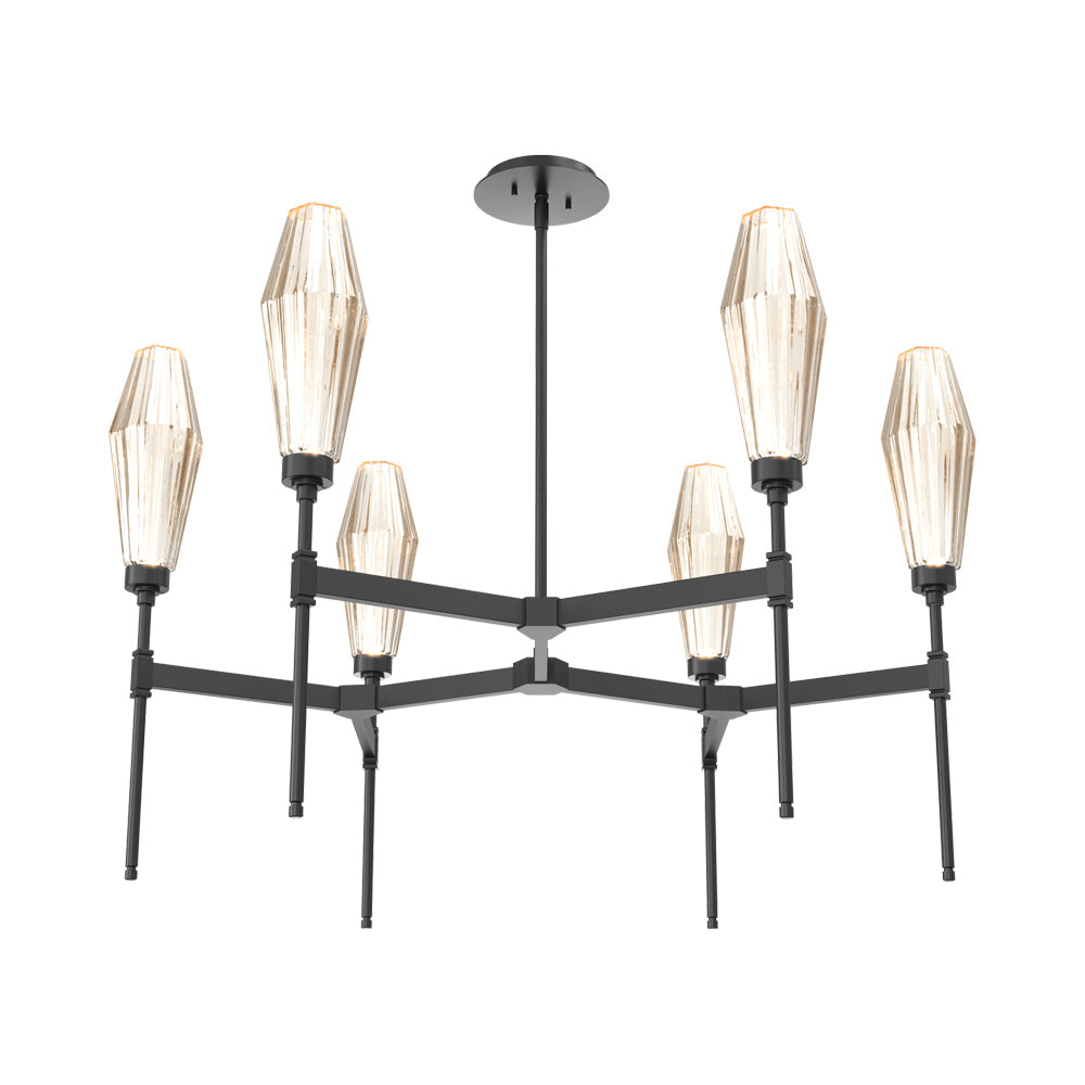 Aalto Round Belvedere LED Chandelier in Matte Black/Amber Blown Glass.