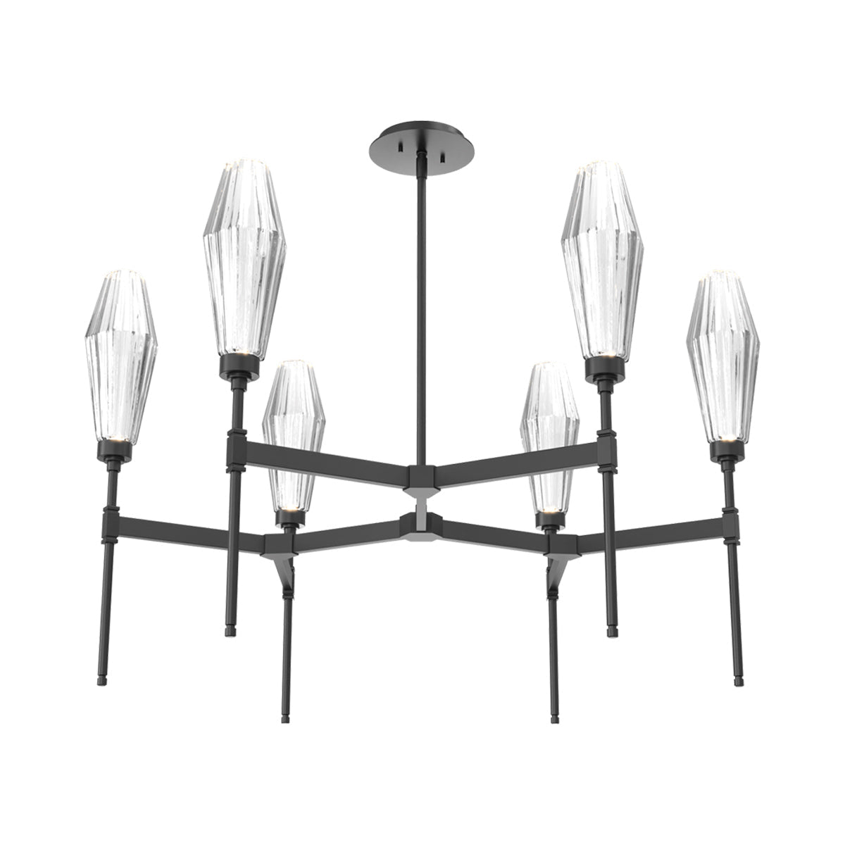 Aalto Round Belvedere LED Chandelier in Matte Black/Clear Blown Glass.