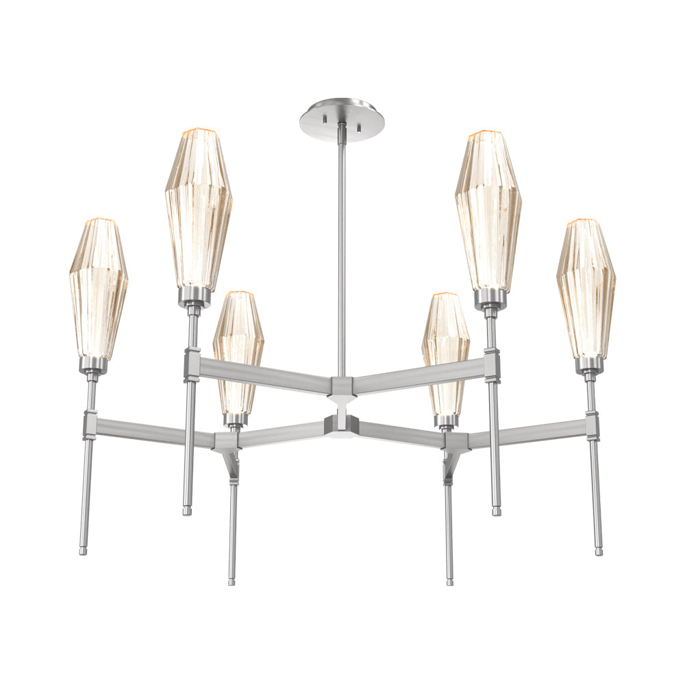Aalto Round Belvedere LED Chandelier in Satin Nickel/Amber Blown Glass.