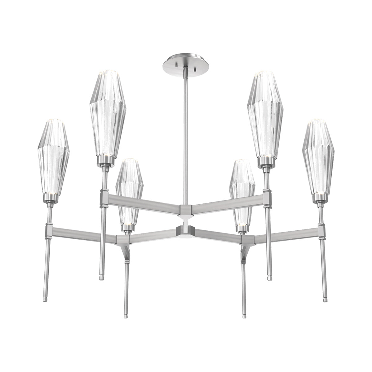 Aalto Round Belvedere LED Chandelier in Satin Nickel/Clear Blown Glass.