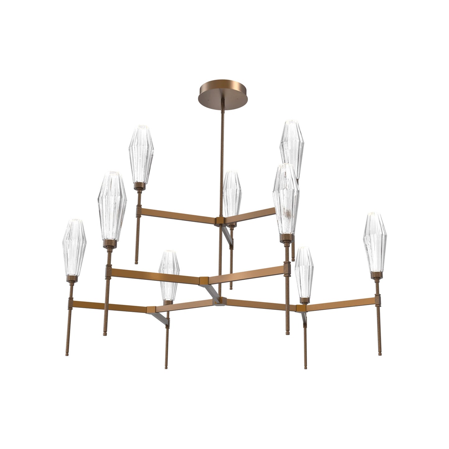 Aalto Two-Tier Round Belvedere LED Chandelier in Flat Bronze/Clear Blown Glass.