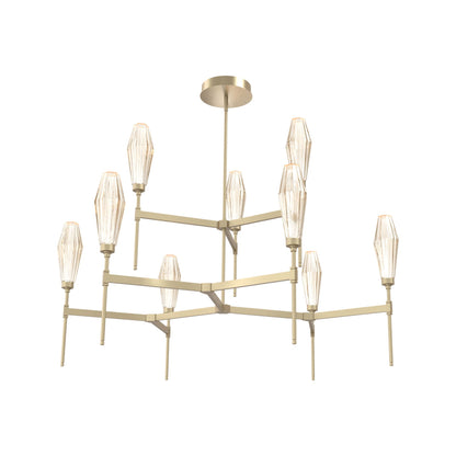 Aalto Two-Tier Round Belvedere LED Chandelier in Gilded Brass/Amber Blown Glass.