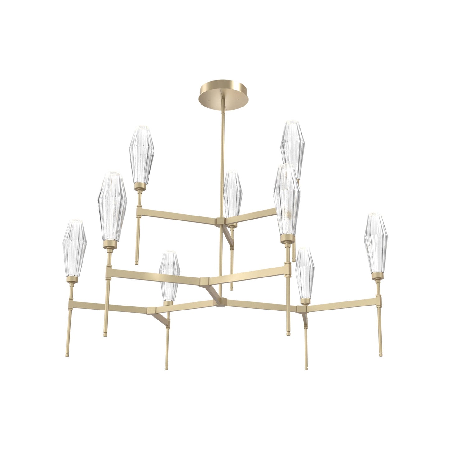 Aalto Two-Tier Round Belvedere LED Chandelier in Gilded Brass/Clear Blown Glass.