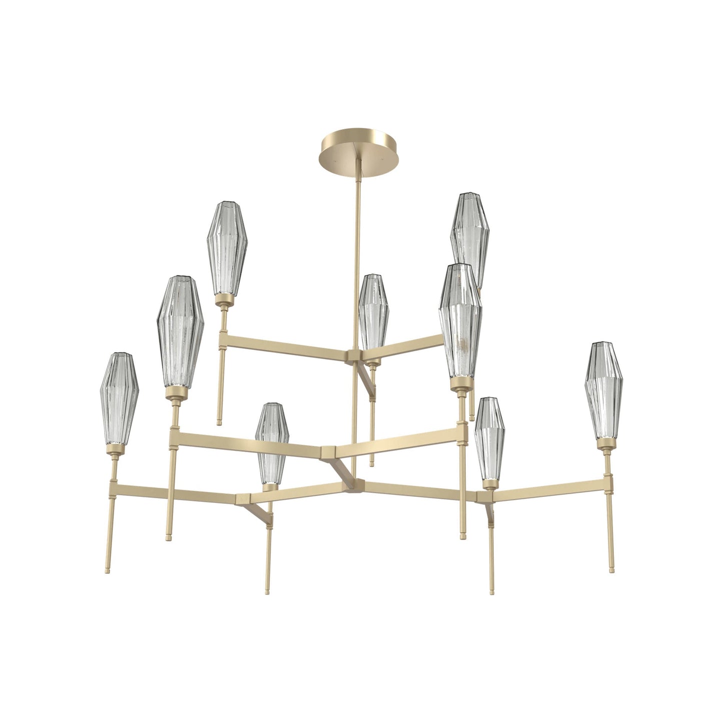 Aalto Two-Tier Round Belvedere LED Chandelier in Gilded Brass/Smoke Blown Glass.