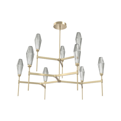 Aalto Two-Tier Round Belvedere LED Chandelier in Gilded Brass/Smoke Blown Glass.