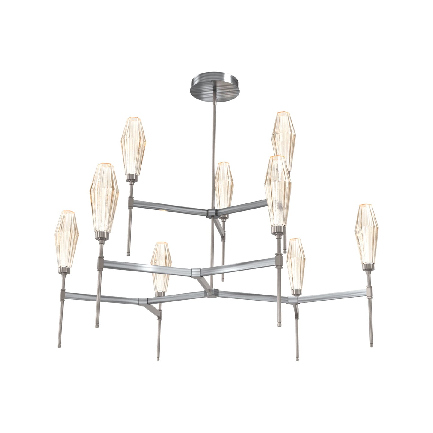 Aalto Two-Tier Round Belvedere LED Chandelier in Gunmetal/Amber Blown Glass.