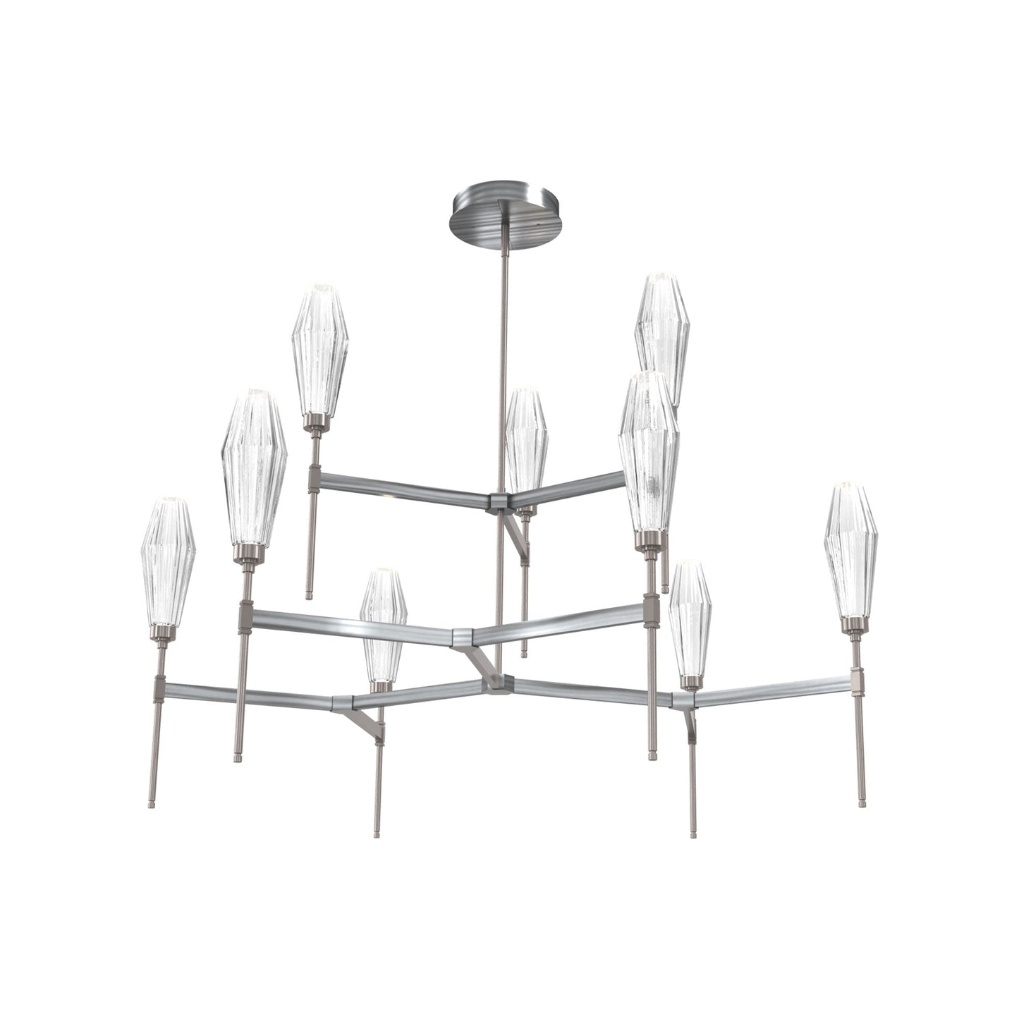 Aalto Two-Tier Round Belvedere LED Chandelier in Gunmetal/Clear Blown Glass.