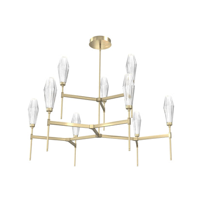 Aalto Two-Tier Round Belvedere LED Chandelier in Heritage Brass/Clear Blown Glass.