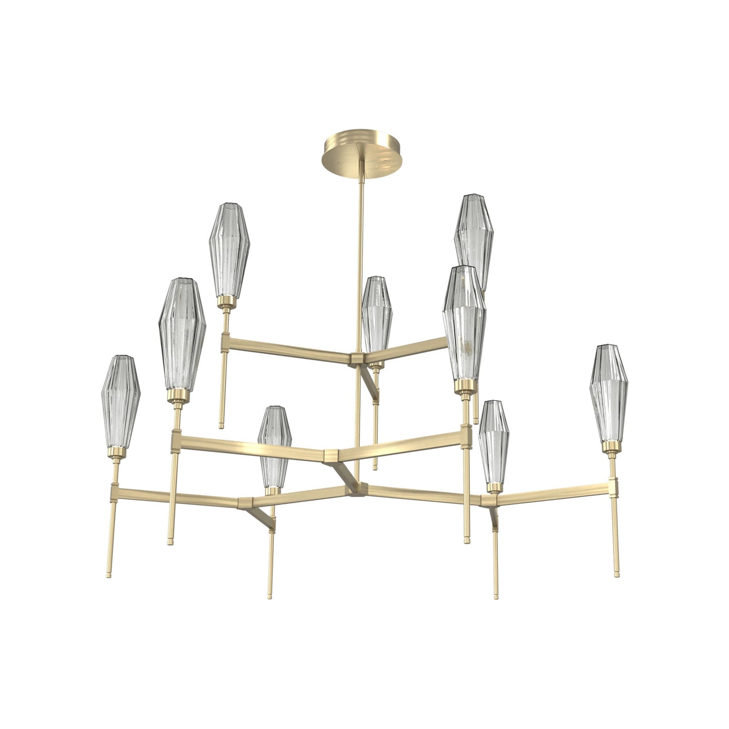 Aalto Two-Tier Round Belvedere LED Chandelier in Heritage Brass/Smoke Blown Glass.