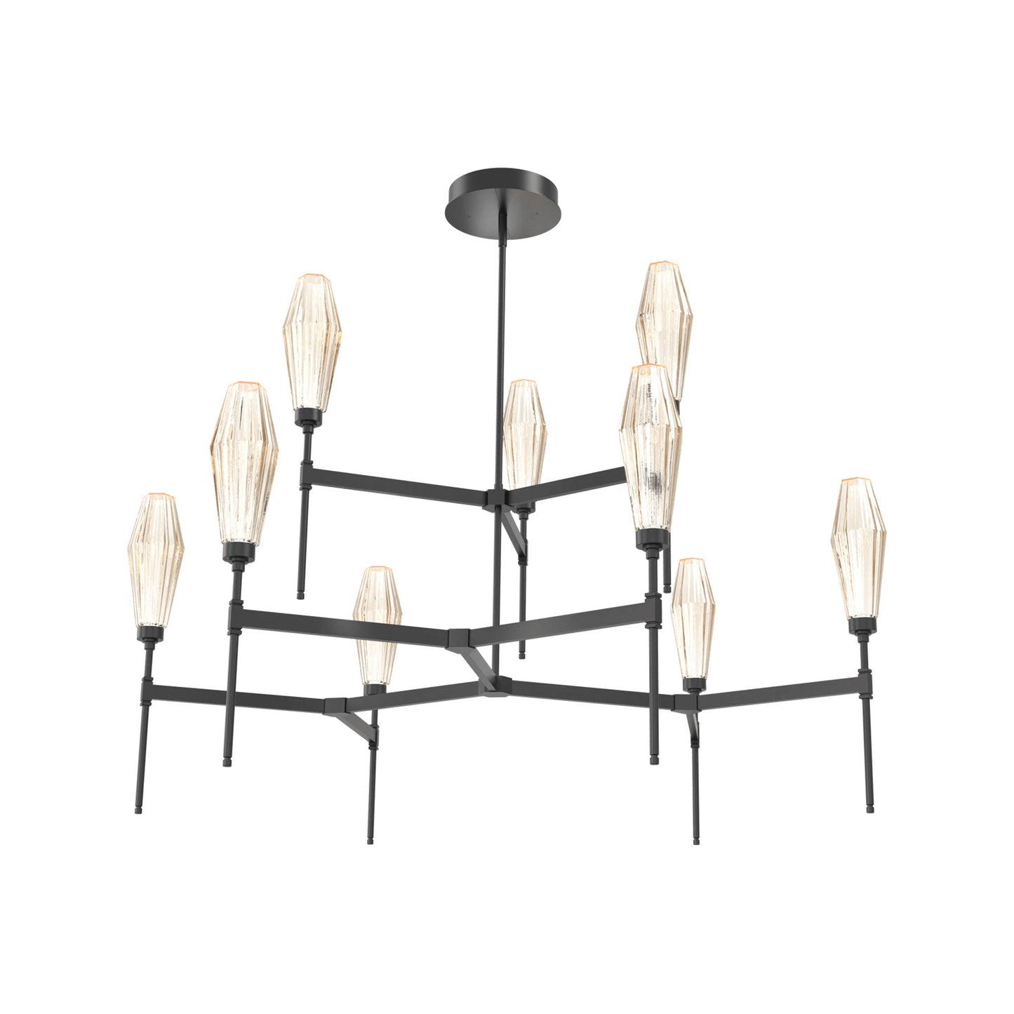 Aalto Two-Tier Round Belvedere LED Chandelier in Matte Black/Amber Blown Glass.