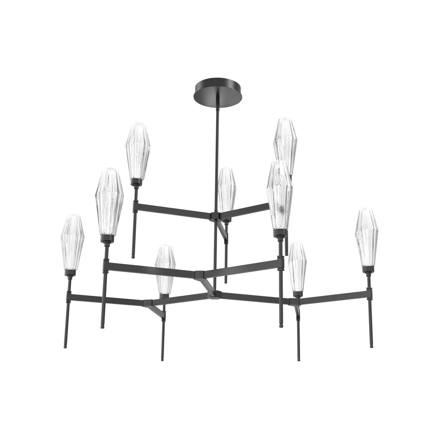 Aalto Two-Tier Round Belvedere LED Chandelier in Matte Black/Clear Blown Glass.