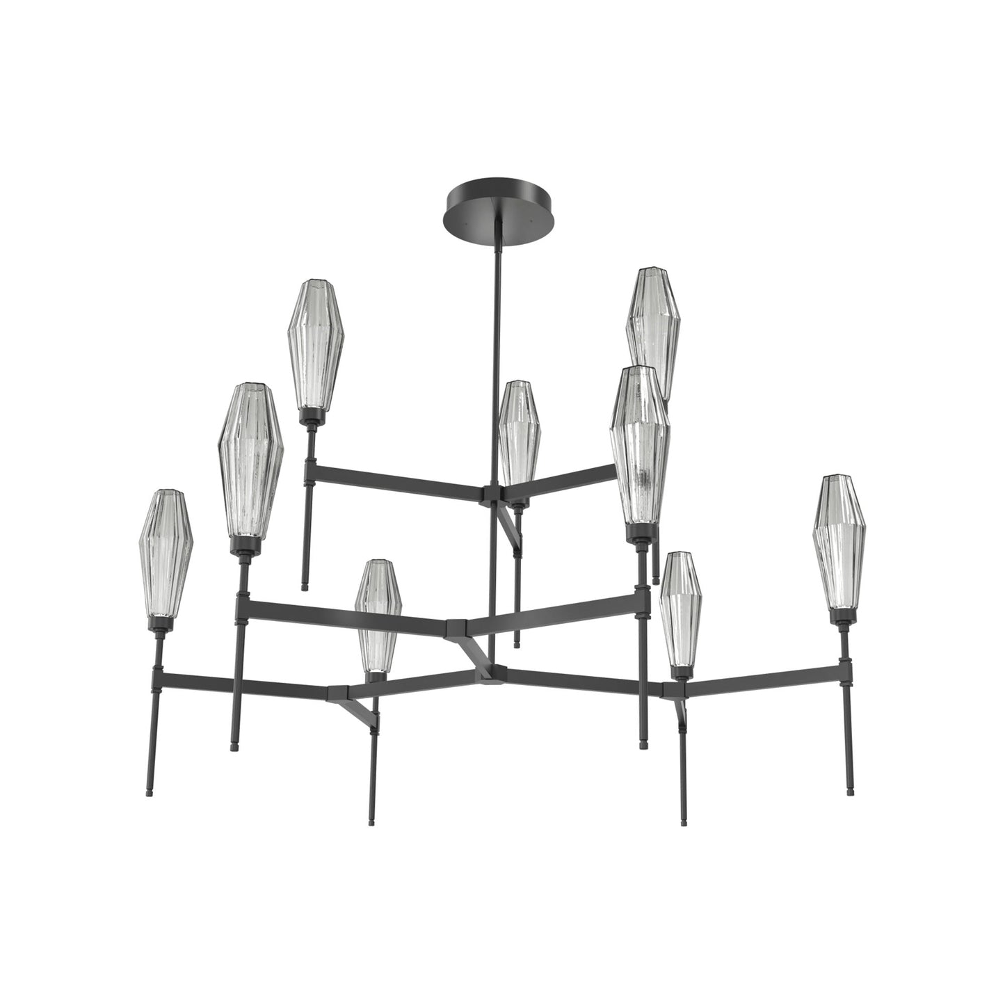 Aalto Two-Tier Round Belvedere LED Chandelier in Matte Black/Smoke Blown Glass.