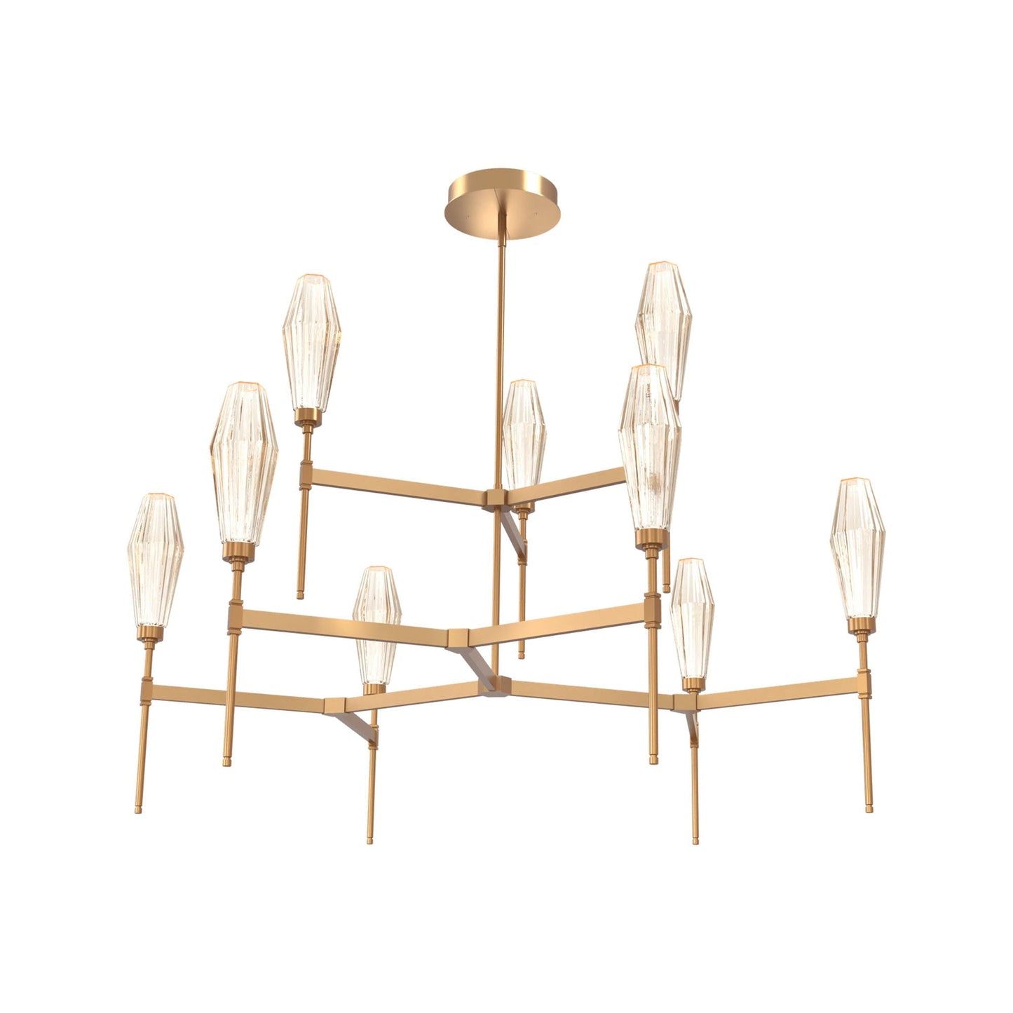 Aalto Two-Tier Round Belvedere LED Chandelier in Novel Brass/Amber Blown Glass.
