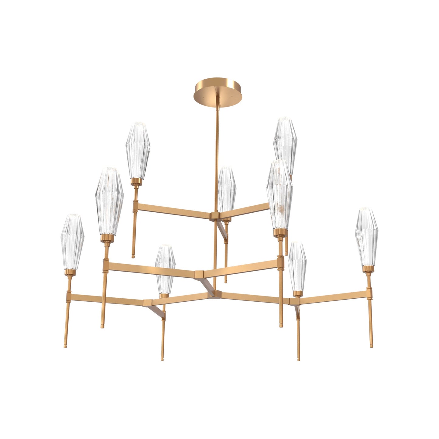 Aalto Two-Tier Round Belvedere LED Chandelier in Novel Brass/Clear Blown Glass.