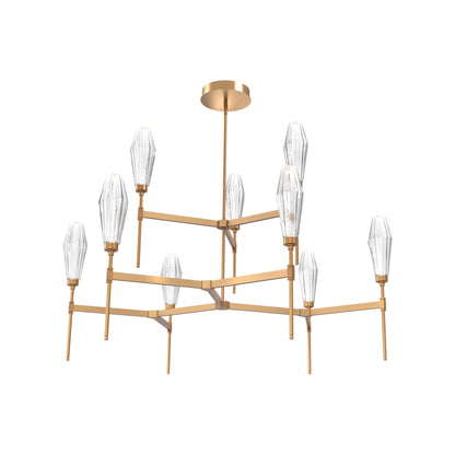 Aalto Two-Tier Round Belvedere LED Chandelier in Novel Brass/Clear Blown Glass.