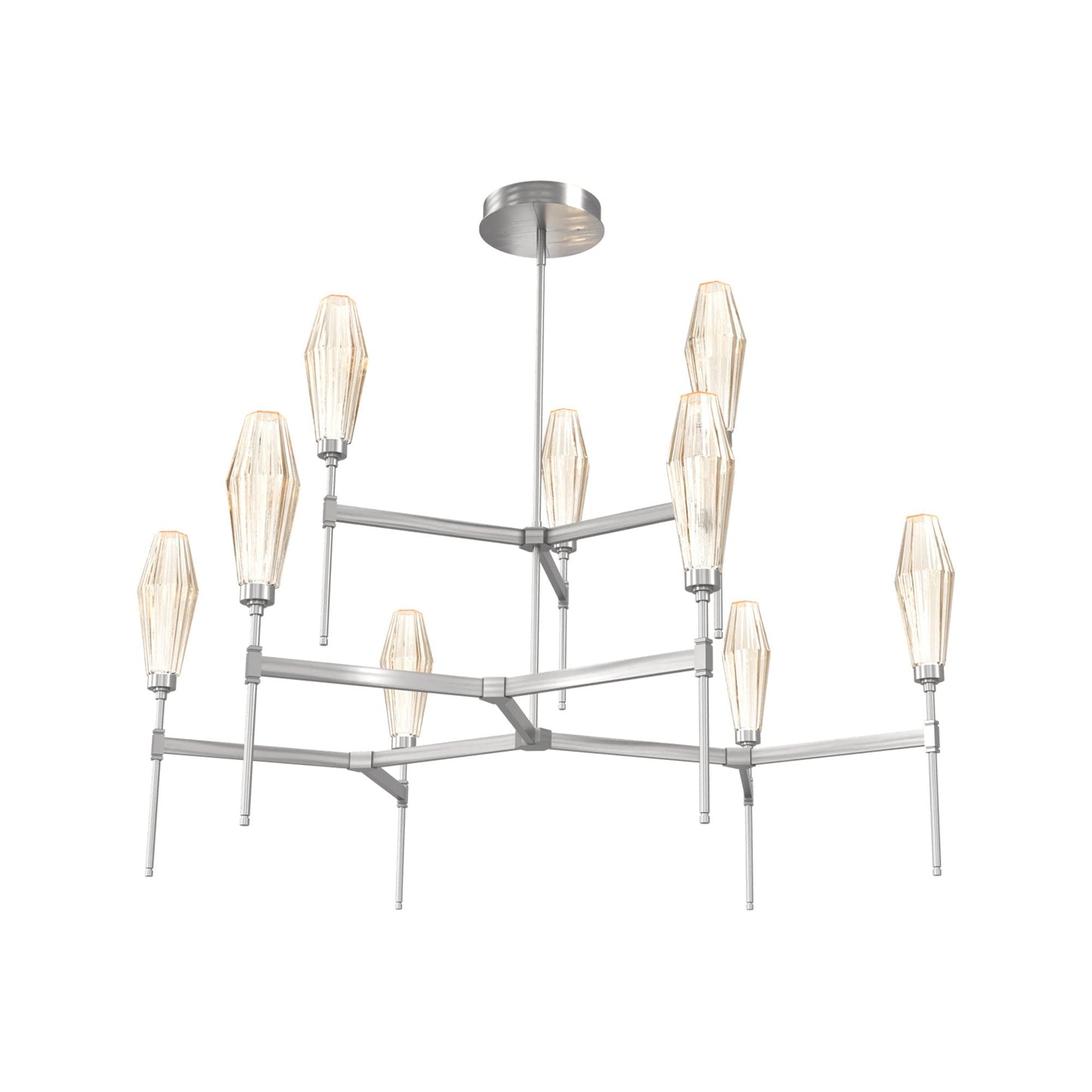 Aalto Two-Tier Round Belvedere LED Chandelier in Satin Nickel/Amber Blown Glass.
