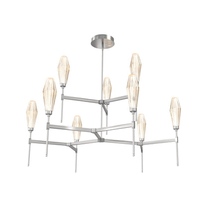 Aalto Two-Tier Round Belvedere LED Chandelier in Satin Nickel/Amber Blown Glass.