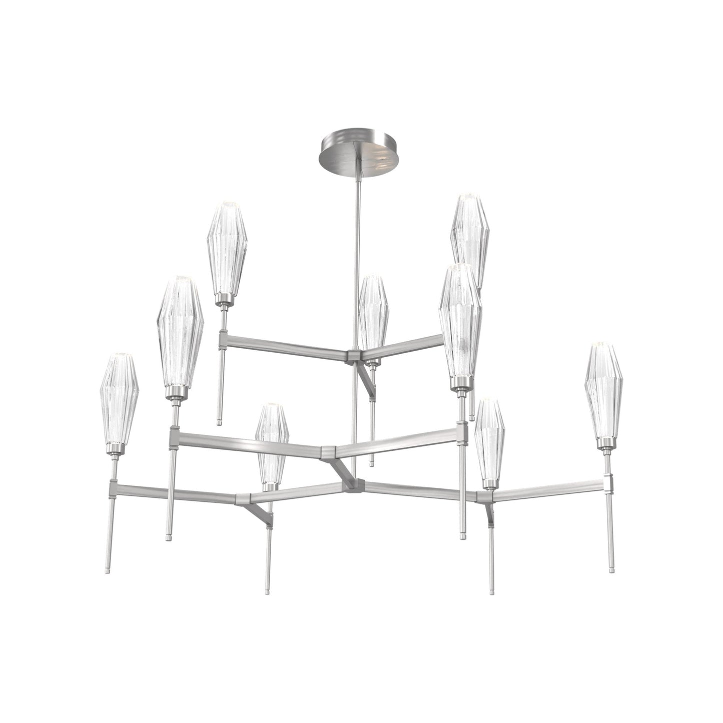 Aalto Two-Tier Round Belvedere LED Chandelier in Satin Nickel/Clear Blown Glass.
